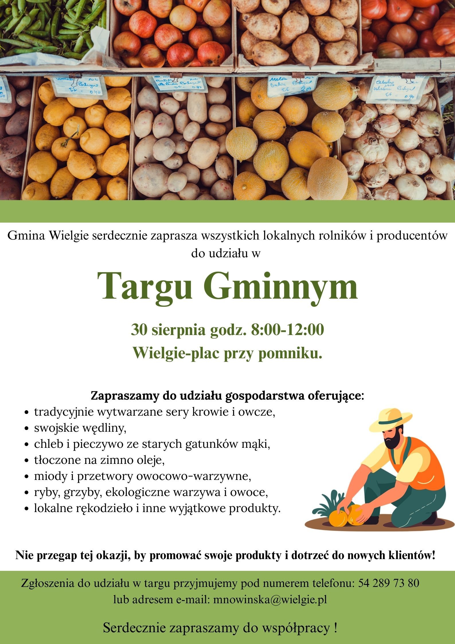 Od góry owoce i warzywa a poniżej informacja o Targu Gminnym