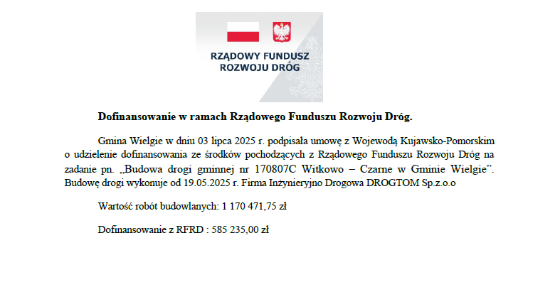 U góry logo Rządowego Funduszu Rozwoju Dróg a poniżej informacja o dofinansowaniu