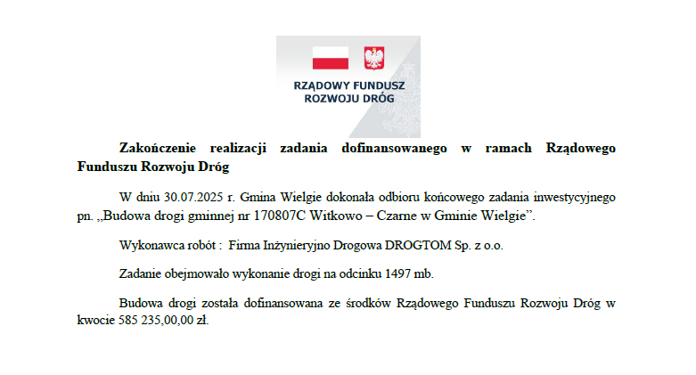 U góry logo Rządowego Funduszu Rozwoju Dróg a poniżej informacja o zakończeniu realizacji zadania