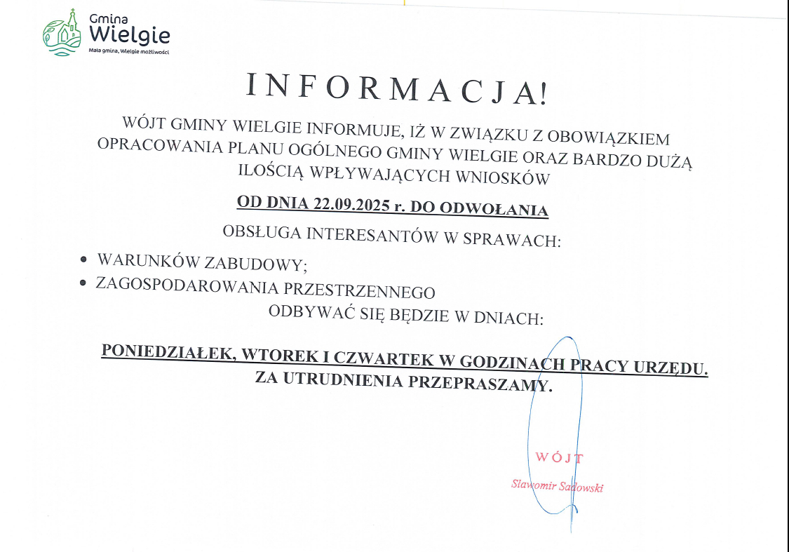 W lewym górrnym rogu logo Gminy Wielgie a poniżej informacja o obsłudze interesantów