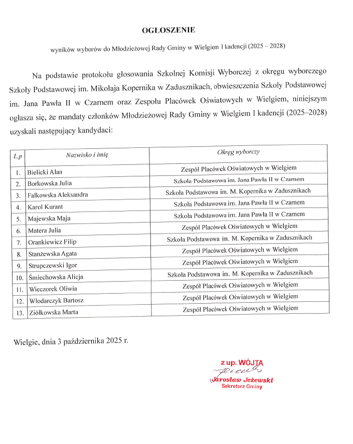 Ogłoszenie wyników wyborów do Młodzieżowej Rady Gminy Wielgie