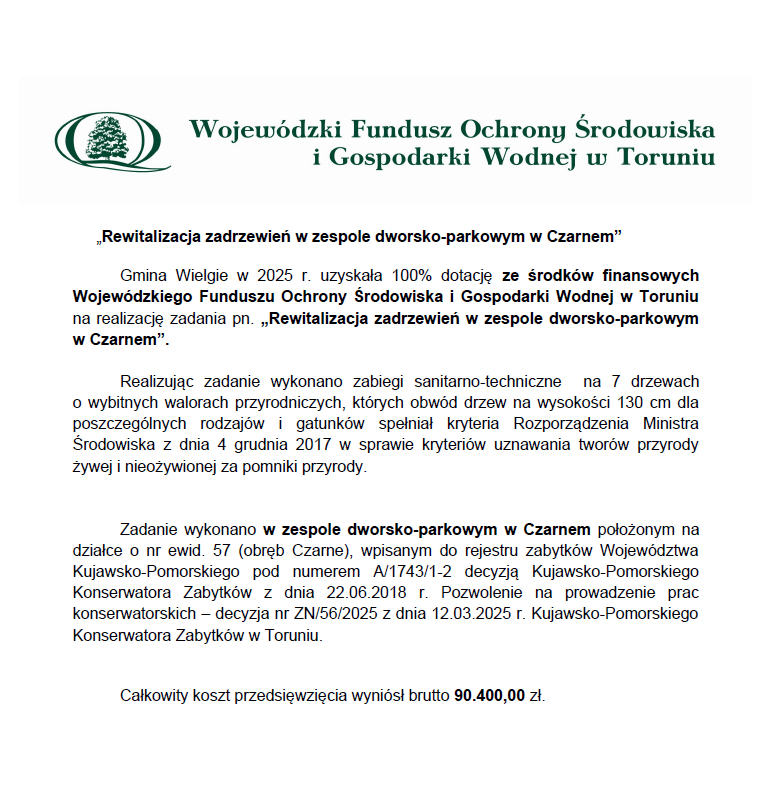 U góry logo i napis Wojewódzki Fundusz Ochrony Środowiska i Gospodarki Wodnej w Toruniu a poniżej informacja o otrzymanych...