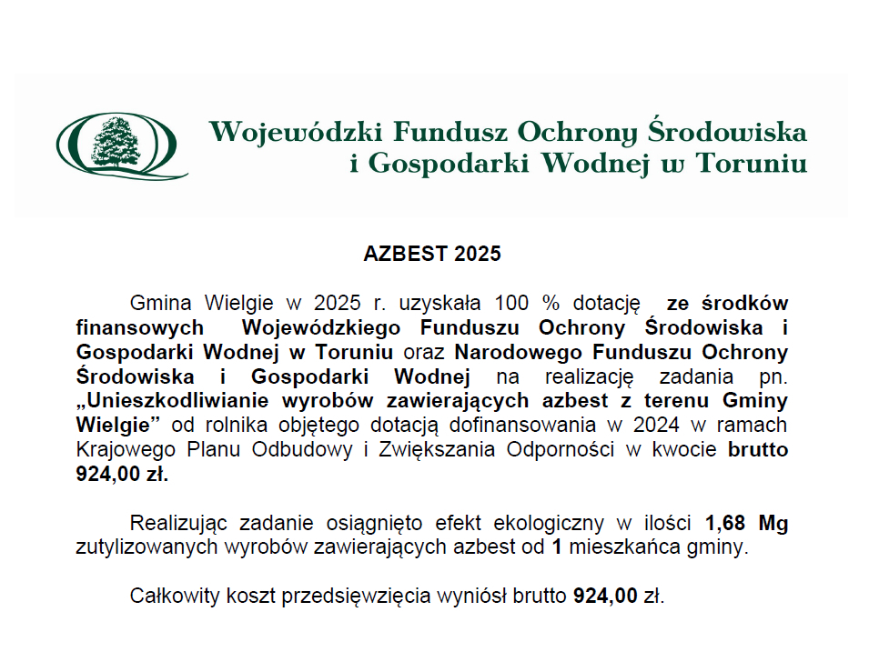 U góry logo i napis Wojewódzki Fundusz Ochrony Środowiska i Gospodarki Wodnej w Toruniu a poniżej informacja o otrzymanych...
