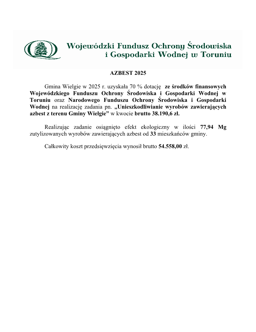 Informacja dotycząca otrzymania dotacji z WFOŚiGW oraz NFOŚiGW