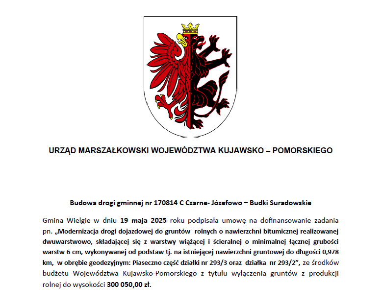 Informacja o zawarciu umowy z Urzędem Marszałkowskim WK-P, u góry po środku logo Urzędu