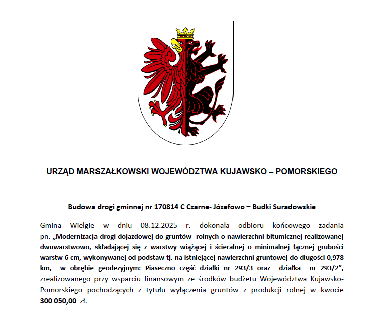 U góry po środku logo Urzędu Marszałkowskiego, poniżej informacja o odbiorze końcowym zadania