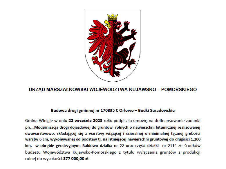 U góry po środku logo Urzędu Marszałkowskiego, poniżej informacja o podpisaniu umowy