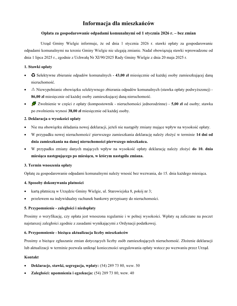 Informacja dotycząca opłat za odbiór odpadów komunalnych obowiązujących od 1 stycznia 2026 r.