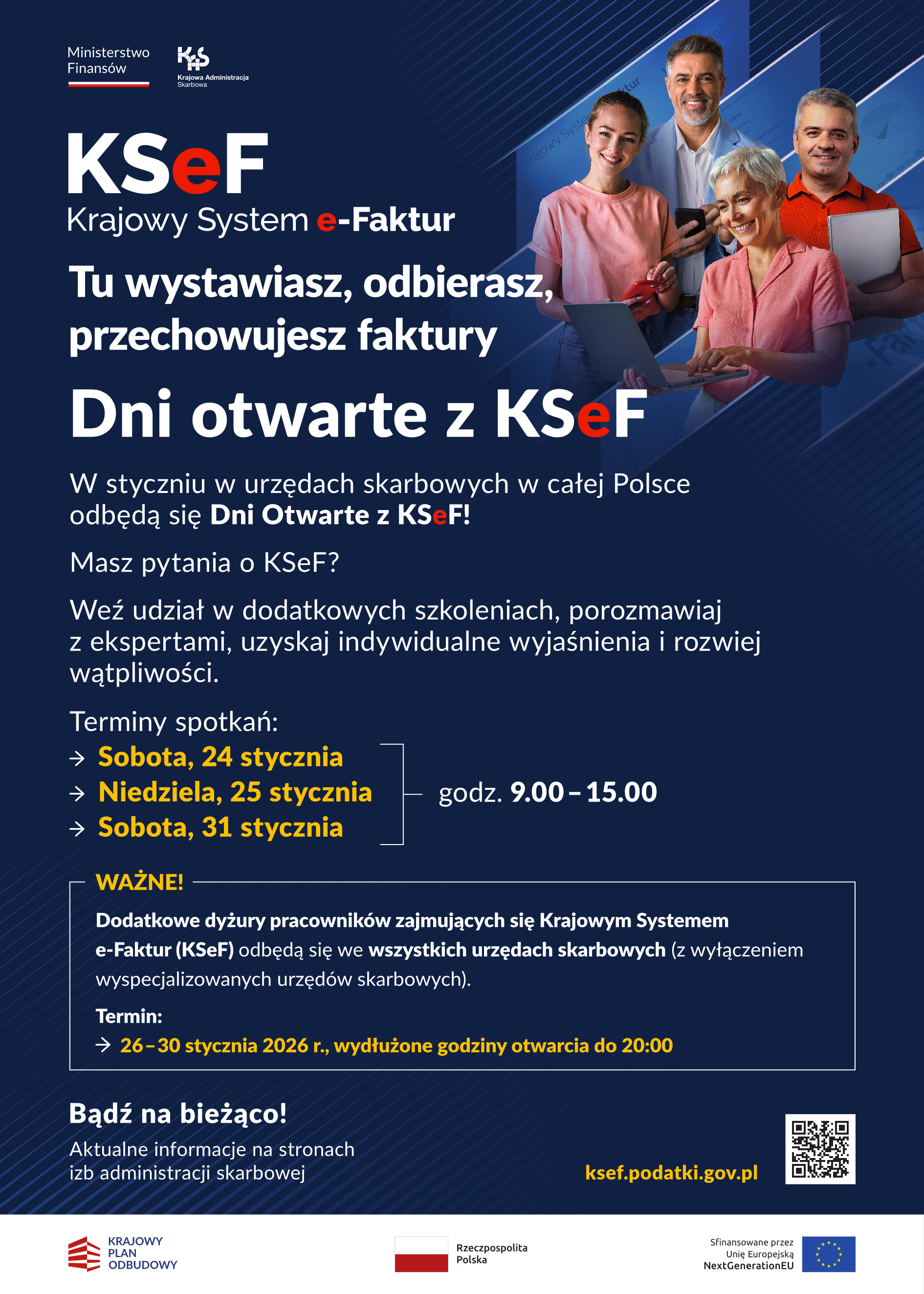 Niebieski plakat, z białym tekstem. W prawym górnym rogu przedstawieni są ludzie trzymający laptopy, telefony. Terminy...