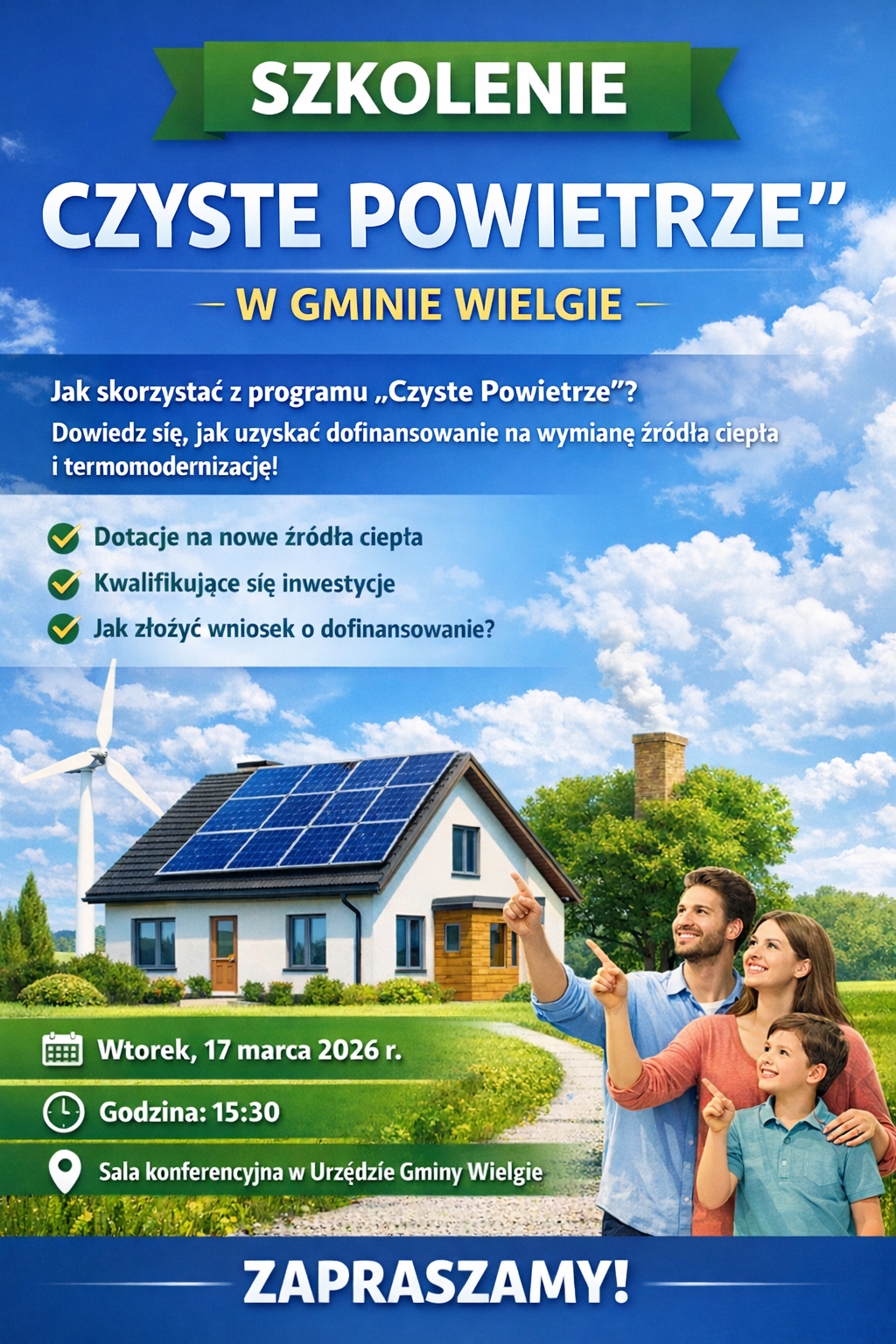 Na środku plakatu znajduję się budynek, a obok wiatrak. W prawym dolnym rogu znajduję się rodzina wskazująca informacje o...