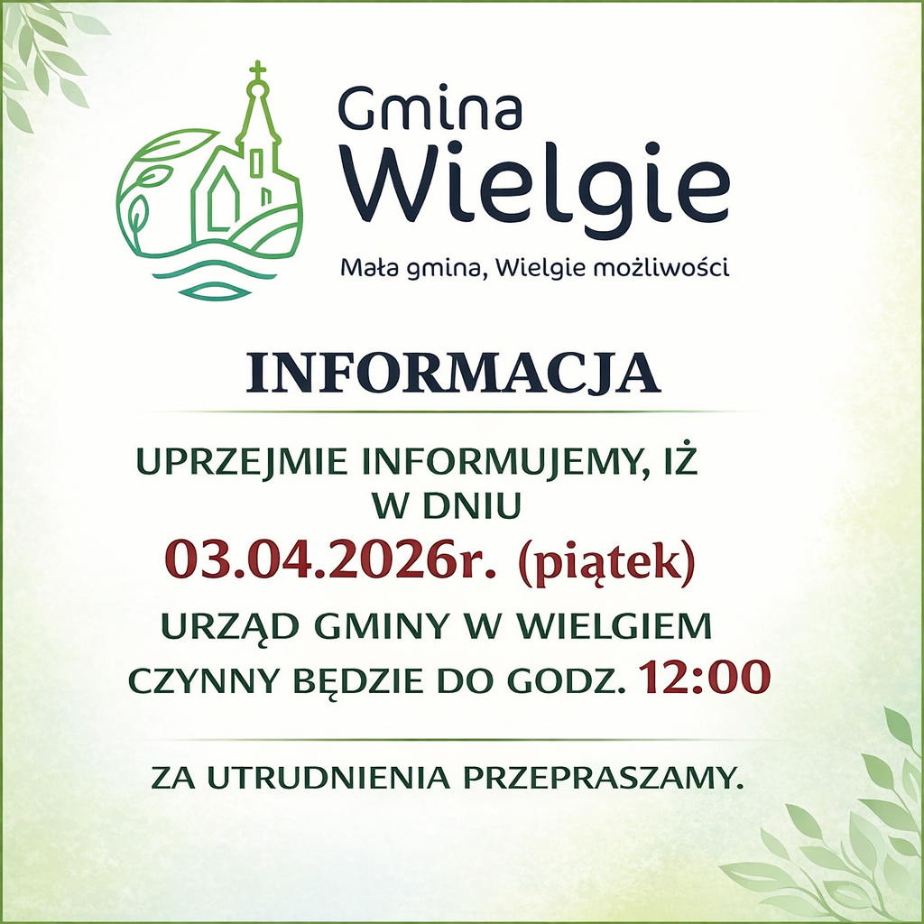 Na górze plakatu logo Gminy Wielgie. W informacji datę i godzinę wyróżniono kolorem czerwonym.