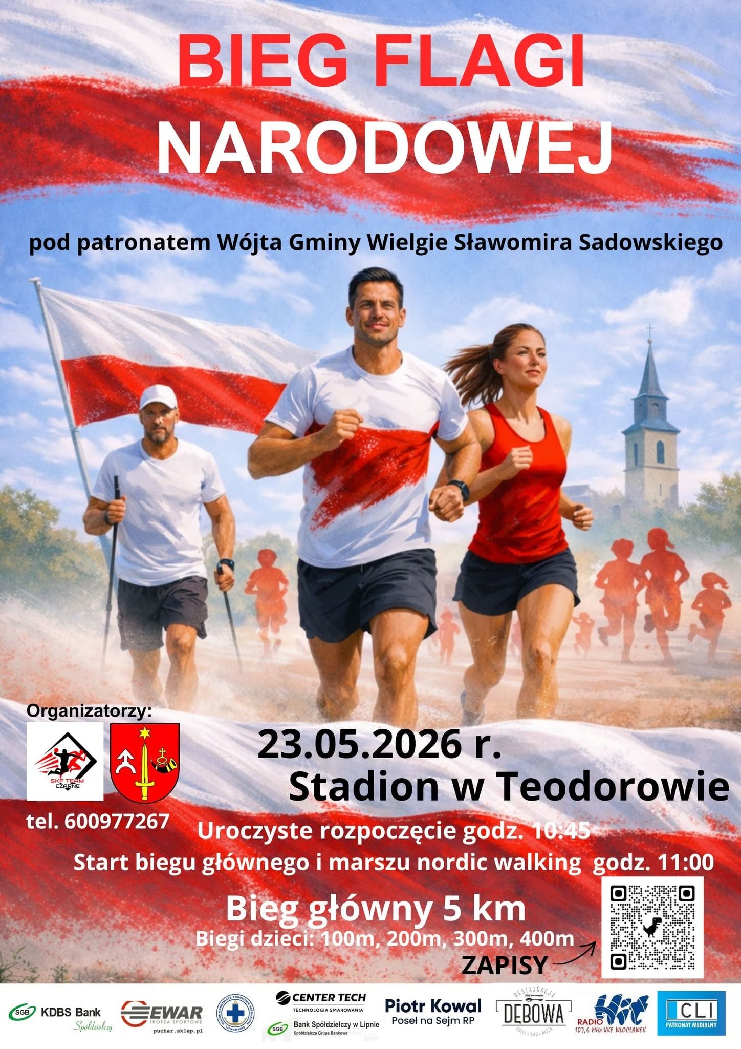 Plakat w barwach czerwono białych. W centrum plakatu biegacze oraz Pan z kijkami nordic walking.