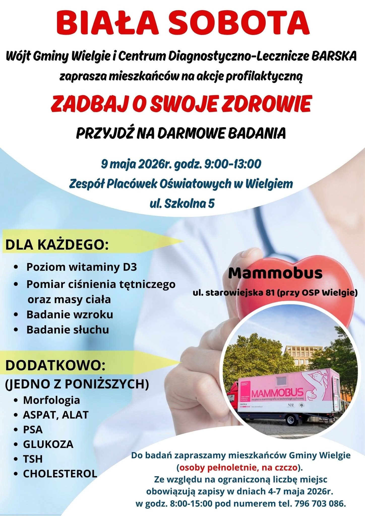 Po prawej stronie plakatu serce i zdjęcie mammobusa.