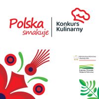 Na środku plakatu czerwony napis Polska Smakuje, z boku napis konkurs kulinarny a nad nim czerwone kontury czapki...