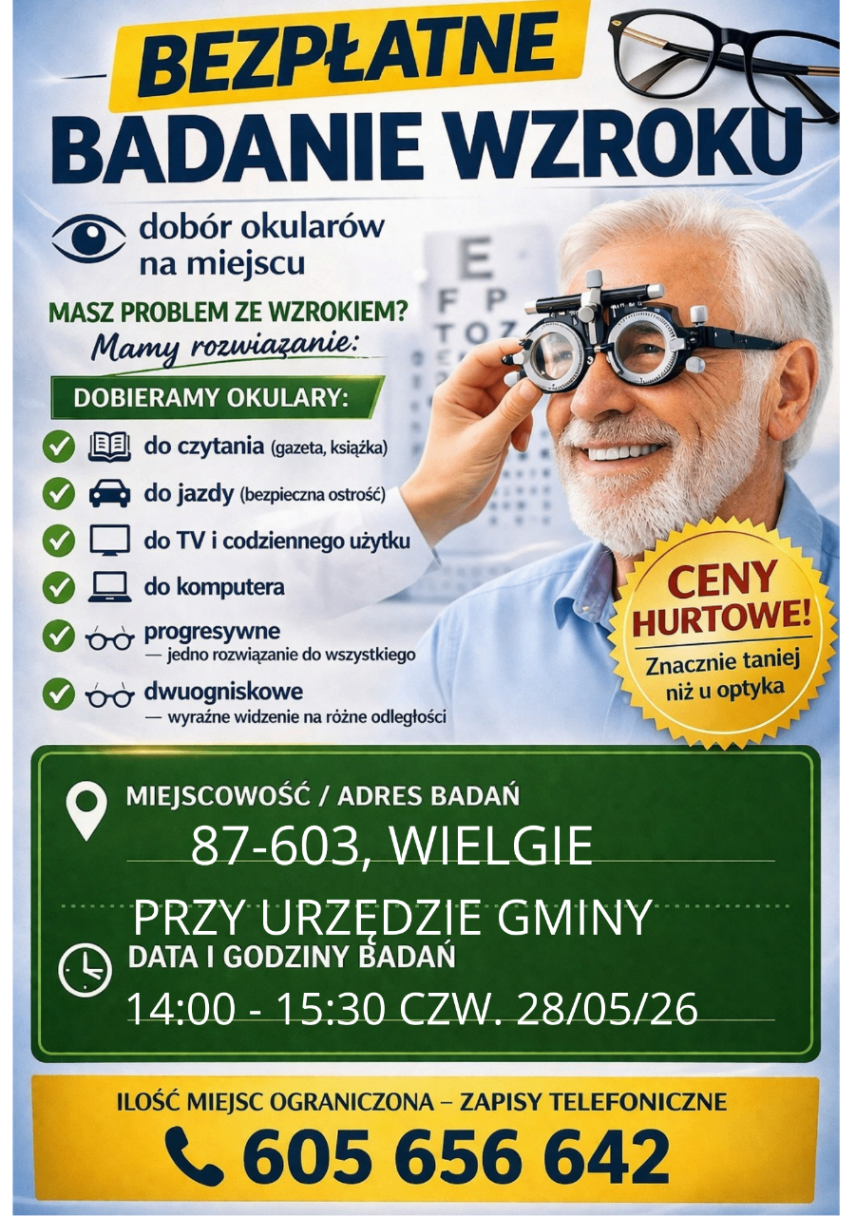 Na plakacie z prawej strony znajduję się starszy mężczyzna badający wzrok.