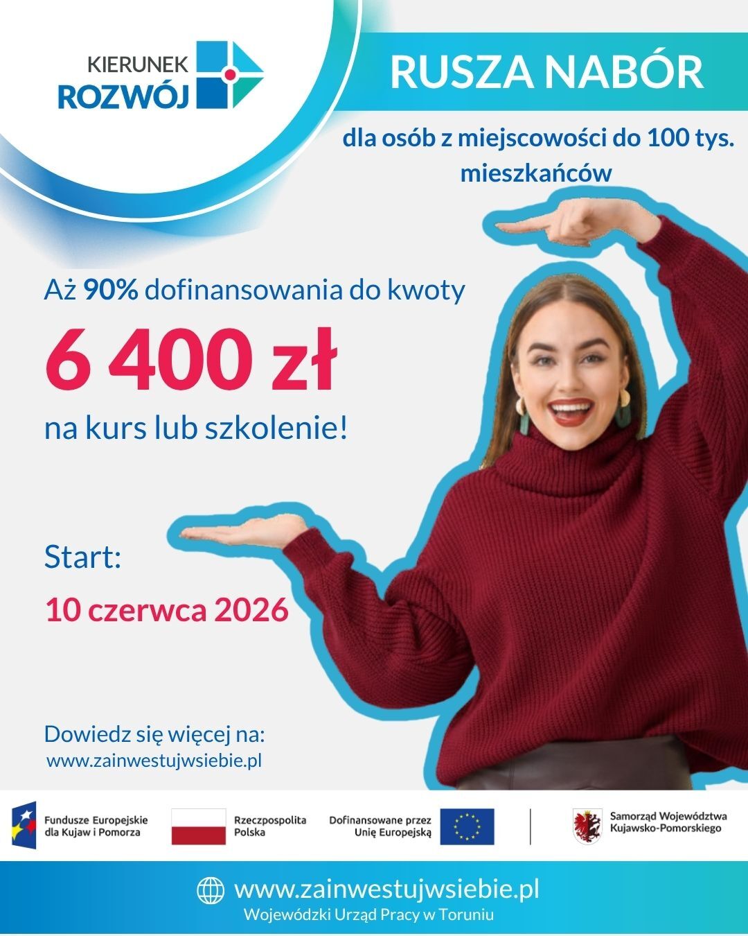 Po prawej stronie plakatu kobieta wskazująca tekst o dofinansowniu.