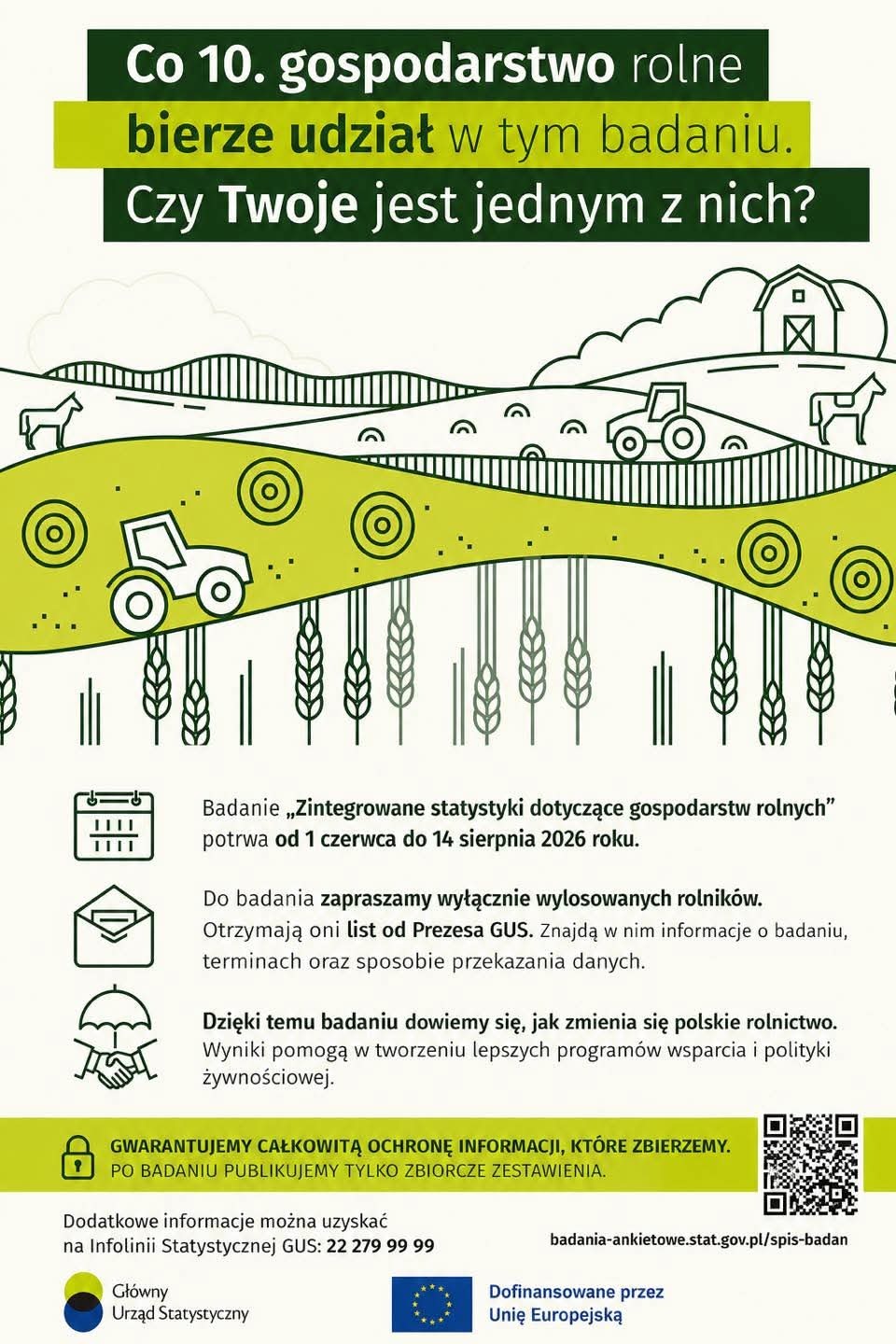 Plakat w barwach zielonych przedstawiający rolnictwo.
