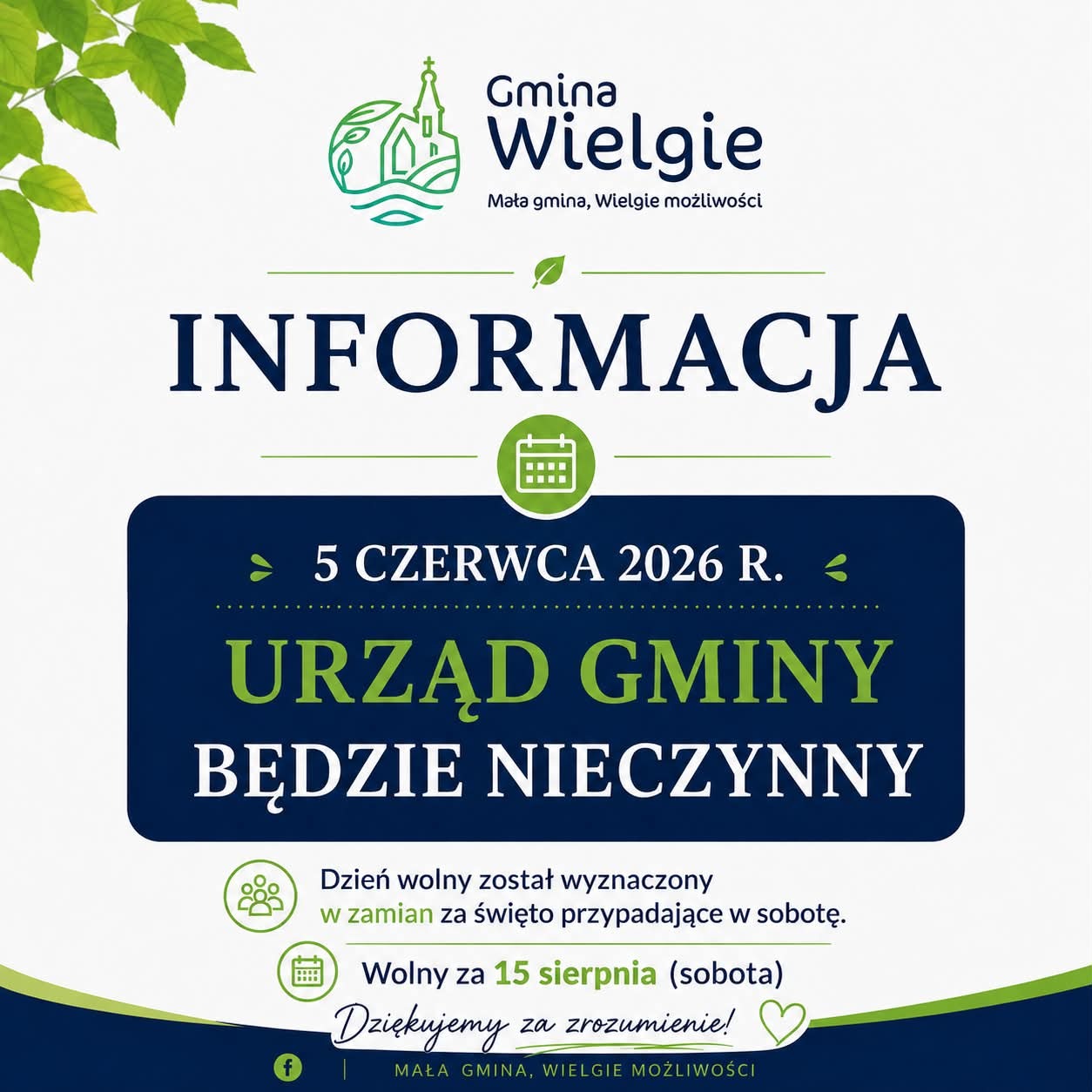 Informacja o nieczynnym Urzędzie Gminy znajduje się na niebieskim tle.
