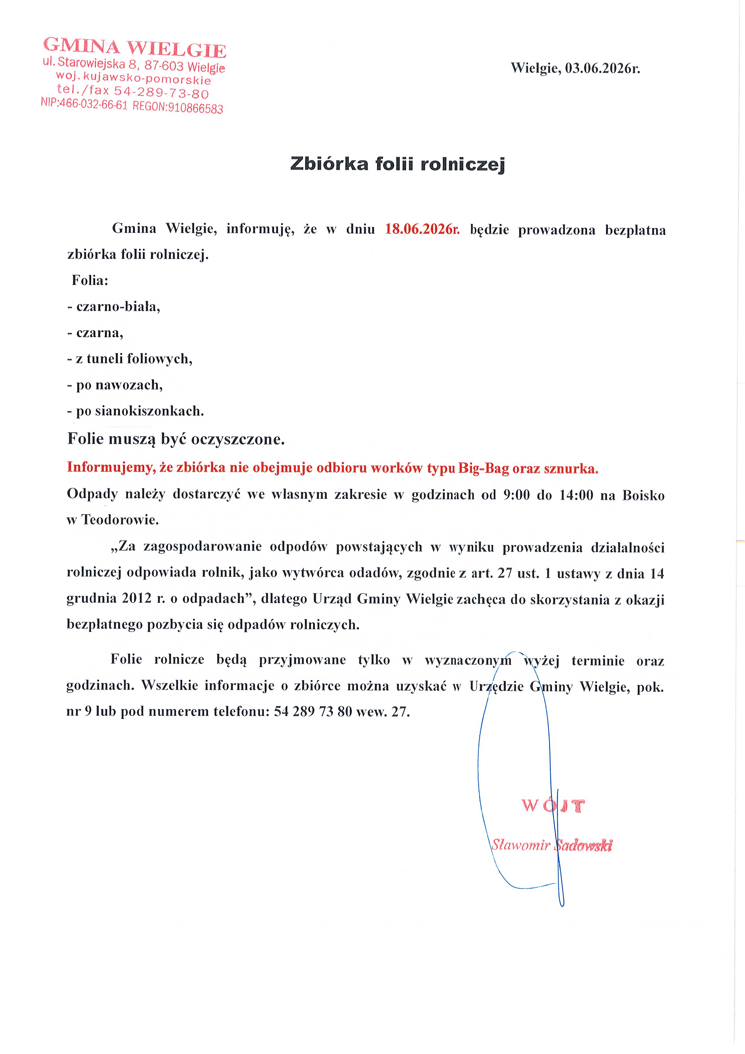 Dokument zawierający informację o zbiórce folii rolniczej z pieczątkami Gminy Wielgie oraz Wójta Gminy Wielgie.