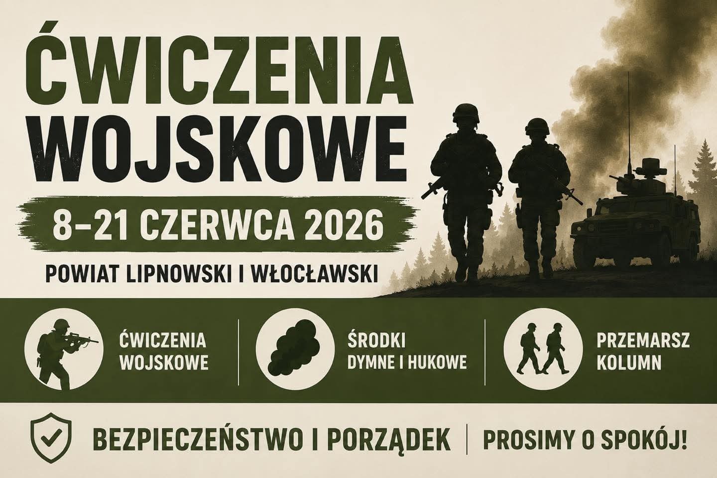 Po prawej stronie plakatu zdjęcie maszerujących żołnierzy obok pojazdu wojskowego.