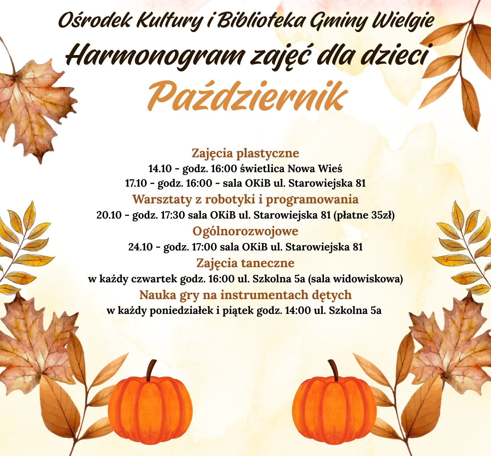 Harmonogram zajęć dla dzieci na październik