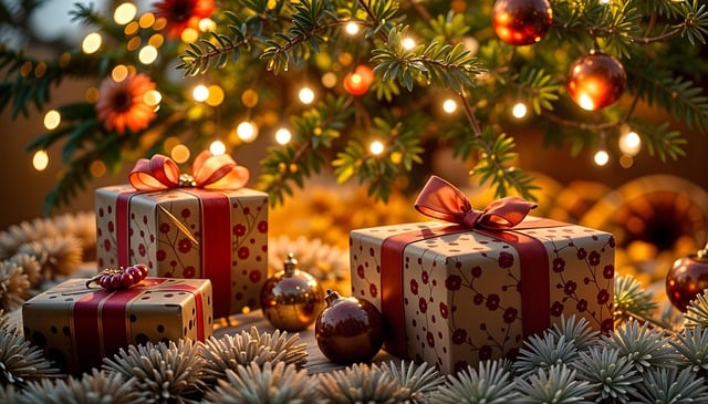 Dwie paczki mniejsza i większa na tle choinki